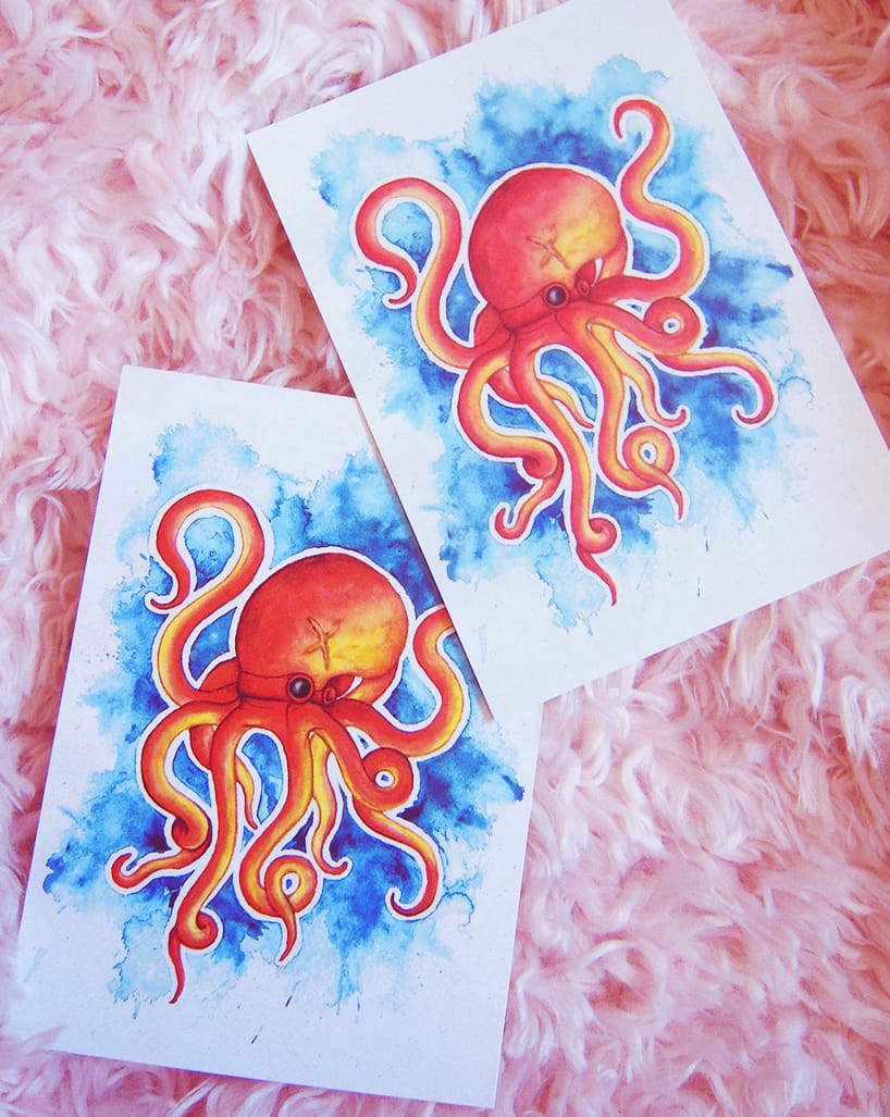 Watercolor octopus postcard